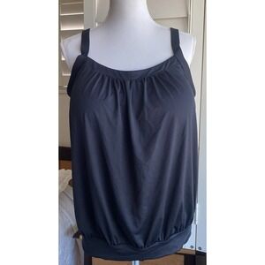 Lands' End Women Blouson Tummy Hiding Tankini Top Swimsuit Black 14DD‎ Shelf Bra